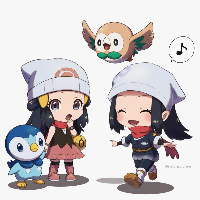2girls :o akari_(pokemon) beanie black_hair blush boots bracelet brown_footwear chibi closed_eyes commentary_request dawn_(pokemon) eyelashes grey_eyes grey_headwear hair_ornament hairclip hat head_scarf highres holding_hands jacket jewelry long_hair mato. multiple_girls musical_note open_mouth pantyhose piplup pokemon pokemon_(creature) pokemon_(game) pokemon_bdsp pokemon_legends:_arceus ponytail red_scarf rowlet scarf shirt shoes skirt sleeveless sleeveless_shirt smile spoken_musical_note standing time_paradox tongue undershirt