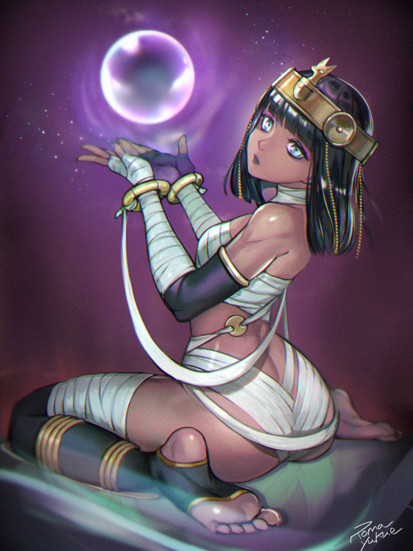 1girl absurdres ass aura back bandaged_arm bandaged_leg bandages barefoot bracelet commentary_request crystal_ball egyptian eyeshadow feet fingerless_gloves floating gloves green_eyes head_tilt highres jewelry looking_at_viewer looking_back makeup medium_hair menat michishin_(buruko_house) naked_bandage official_alternate_costume parted_lips purple_lips single_thighhigh sitting solo street_fighter street_fighter_v thighhighs tiara toeless_legwear toes wariza