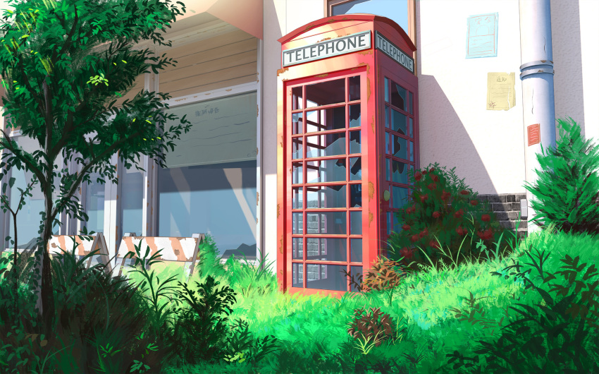 bush chinese_commentary commentary_request door english_text flower grass highres no_humans original phone_booth plant red_flower scenery shade sunlight tree utility_pole window xingzhi_lv