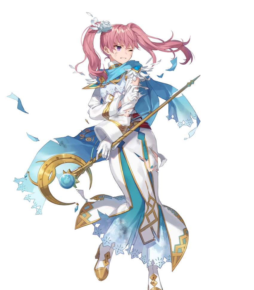 1girl bangs belt clenched_teeth detached_sleeves dress eihi feather_trim fire_emblem fire_emblem:_the_blazing_blade fire_emblem_heroes full_body fur_trim gloves gold_trim gradient gradient_clothes hair_ornament hand_up highres holding long_dress long_hair long_sleeves looking_away official_art one_eye_closed parted_lips petals pink_hair purple_eyes scar scar_on_cheek scar_on_face scarf serra_(fire_emblem) shiny shiny_hair smile solo teeth tied_hair torn_clothes torn_dress torn_sleeves transparent_background twintails white_gloves