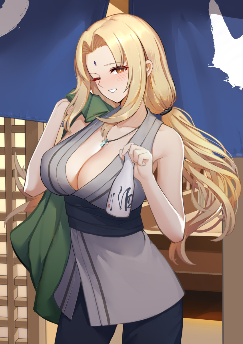 1girl ;d bare_shoulders black_pants blonde_hair blush breasts bright_pupils brown_eyes cleavage collarbone cowboy_shot facial_mark forehead forehead_mark glint grey_kimono highres holding japanese_clothes jewelry kimono large_breasts liu_lan long_hair looking_at_viewer low_twintails naruto naruto_(series) necklace obi one_eye_closed pants parted_lips sash sleeveless sleeveless_kimono smile solo towel_on_one_shoulder tsunade_(naruto) twintails underbust very_long_hair