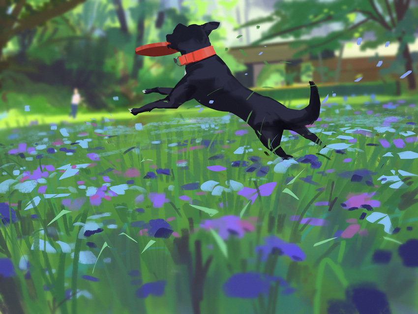 animal_focus black_dog black_fur dog flower frisbee grass original outdoors painting purple_flower snatti tree