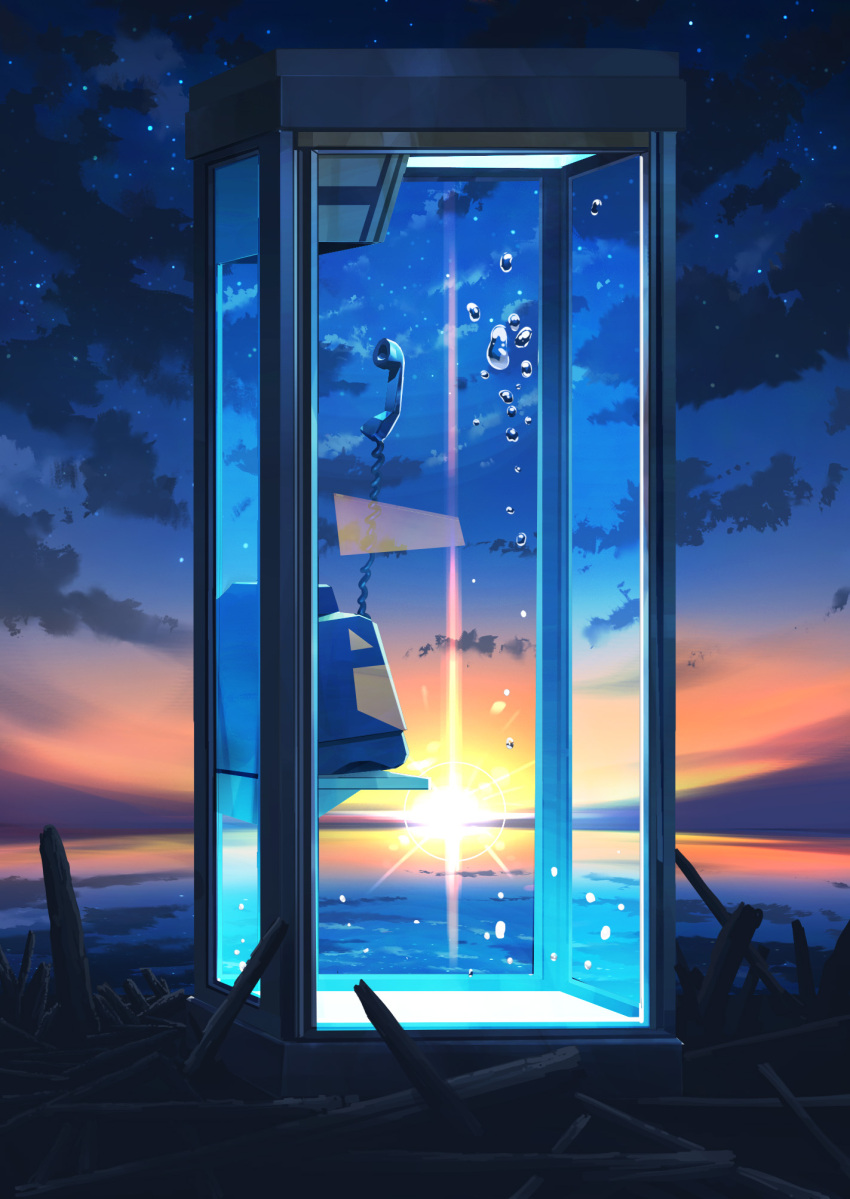 bubble chinese_commentary cloud commentary_request dusk floating highres no_humans ocean original phone phone_booth scenery star_(sky) sun sunlight twilight water wood xingzhi_lv