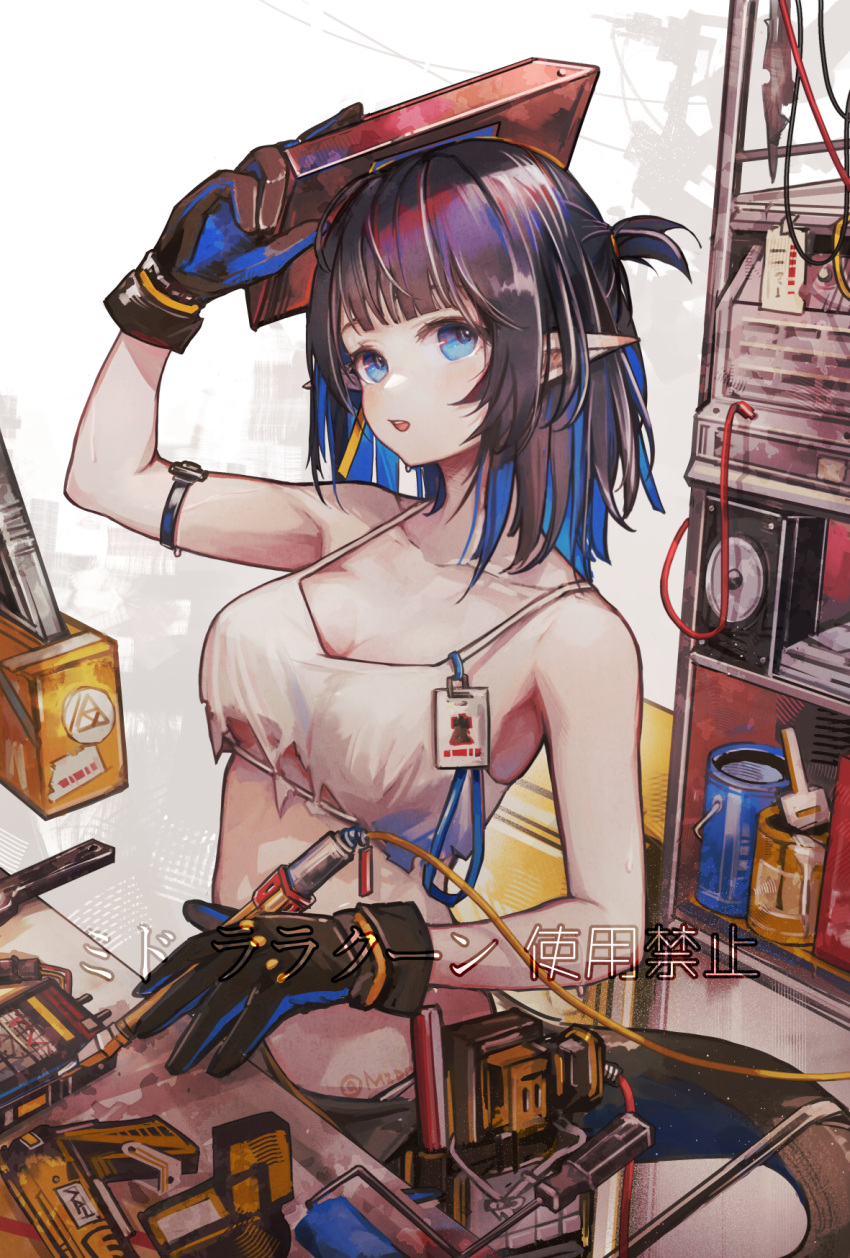1girl arknights black_gloves black_hair blue_eyes blue_gloves blue_hair breasts cable chinese_commentary cleavage colored_inner_hair commentary_request crop_top eunectes_(arknights) eunectes_(forgemaster)_(arknights) gloves gun highres holding id_card lanyard looking_at_viewer medium_breasts medium_hair mido_(mido_chen) multicolored_hair official_alternate_costume open_mouth paint_can paint_roller pointy_ears rhodes_island_logo shirt short_ponytail side_ponytail snake_tail soldering_iron solo spaghetti_strap sweat tail torn_clothes torn_shirt two-tone_gloves two-tone_hair upper_body weapon white_background white_shirt
