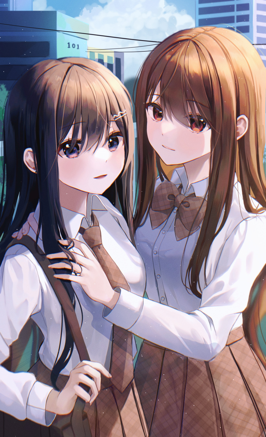 2girls absurdres bag bangs black_hair bow bowtie breasts brown_bow brown_bowtie brown_hair brown_necktie brown_skirt building closed_mouth collared_shirt commentary_request day dress_shirt eyebrows_visible_through_hair hair_between_eyes hair_ornament hairclip highres long_hair multiple_girls myowa necktie original outdoors parted_lips plaid plaid_bow plaid_neckwear plaid_skirt pleated_skirt purple_eyes red_eyes school_uniform shirt shoulder_bag skirt small_breasts smile very_long_hair white_shirt