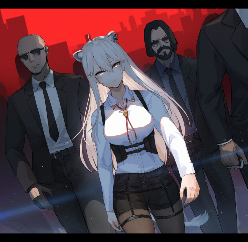 1girl 3boys absurdres animal_ears black_legwear black_shorts bolo_tie chest_harness collared_shirt dress_shirt dutch_angle ear_piercing grey_eyes grey_hair hair_down harness highres hololive ina_(inadiary) john_wick john_wick_(character) letterboxed lion_ears lion_girl lion_tail long_hair long_sleeves multiple_boys official_alternate_costume pantyhose piercing shirt shishiro_botan shorts solo_focus straight_hair tail underbust virtual_youtuber white_shirt