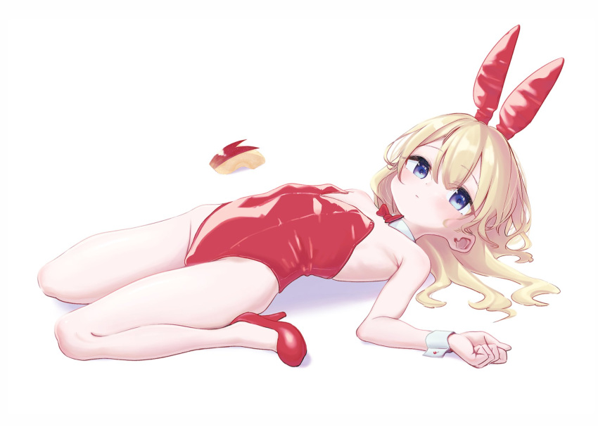 1girl animal_ears apple_bunny apple_slice bangs bare_arms bare_legs bare_shoulders blonde_hair blue_eyes blush bouen bow bowtie detached_collar eyebrows_visible_through_hair fake_animal_ears flat_chest food food_art full_body hair_ribbon hairband high_heels highres leotard long_hair looking_at_viewer lying on_back original pantyhose playboy_bunny red_footwear red_hairband red_leotard ribbon simple_background solo strapless strapless_leotard striped white_background wrist_cuffs