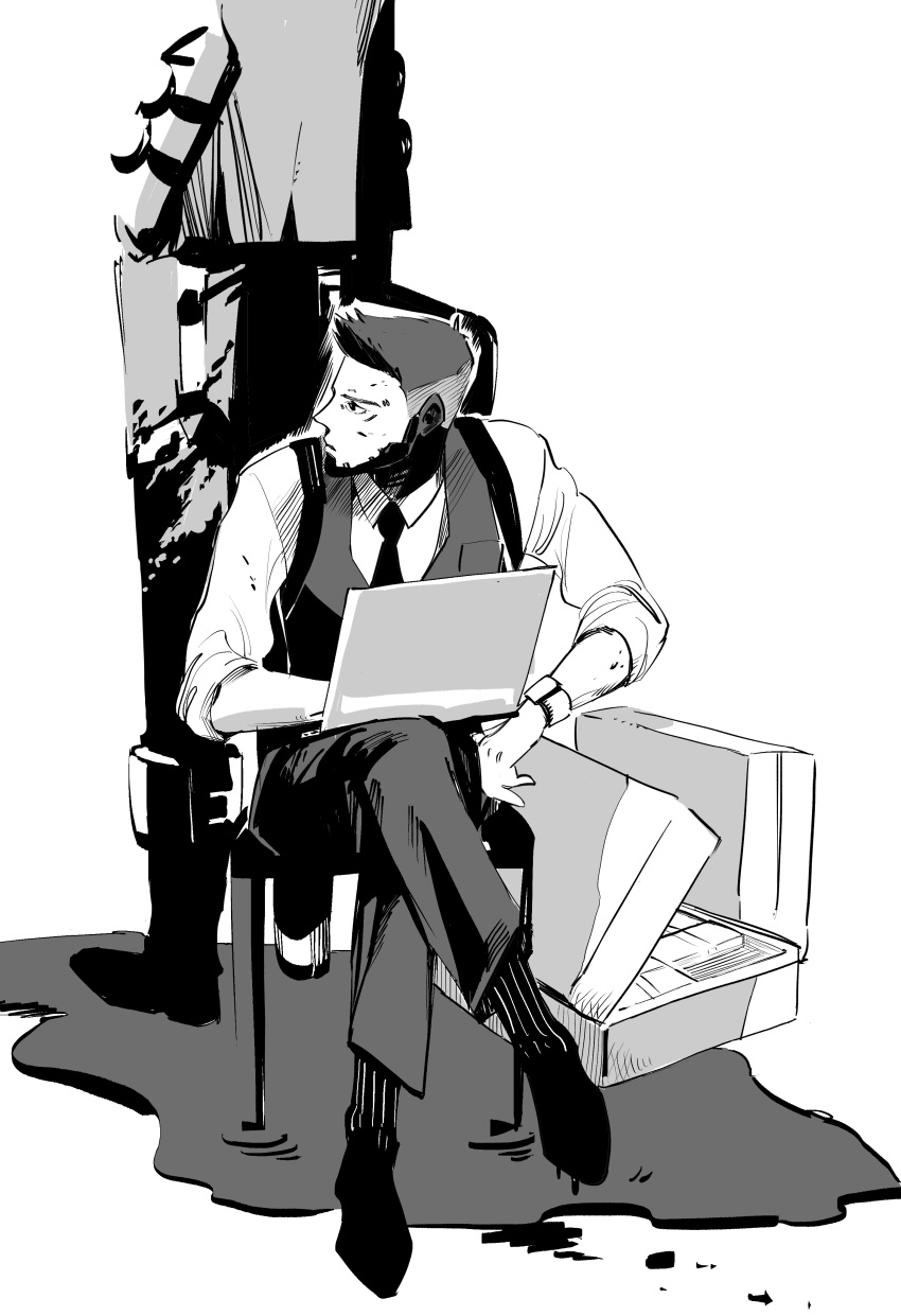 2boys absurdres alternate_costume apex_legends box computer crossed_legs crypto_(apex_legends) formal greyscale hands_in_pockets highres hillprime laptop leaning_forward looking_to_the_side mirage_(apex_legends) monochrome multiple_boys pants sitting suit undercut vest watch wristwatch