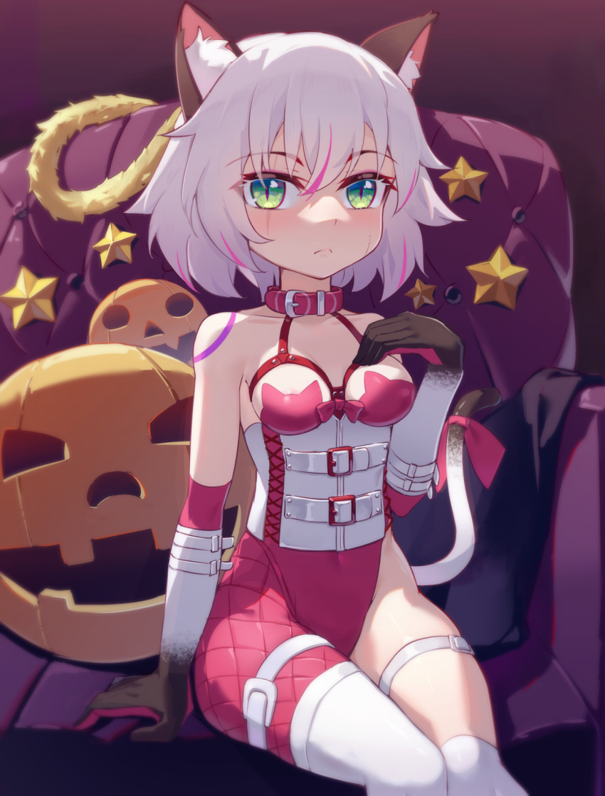 1girl animal_ear_fluff animal_ears animal_print asymmetrical_clothes bare_shoulders breasts cat_ears cat_print cat_tail collar collarbone corset elbow_gloves fate/apocrypha fate/grand_order fate_(series) gloves green_eyes hair_between_eyes halloween highres jack-o'-lantern jack_the_ripper_(fate/apocrypha) layered_gloves ling_huanxiang looking_at_viewer pumpkin red_gloves red_legwear scar scar_across_eye scar_on_cheek scar_on_face short_hair single_pantsleg sitting small_breasts smile tail white_gloves white_hair