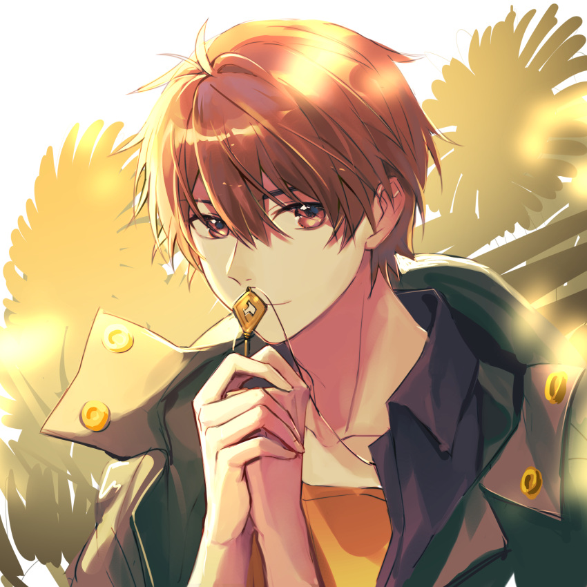 1boy bangs black_coat brown_eyes brown_hair closed_mouth coat gusha1122 hair_between_eyes highres holding holding_jewelry holding_necklace jewelry key looking_at_viewer luke_pearce_(tears_of_themis) male_focus necklace shirt short_hair smile solo tears_of_themis white_background yellow_shirt