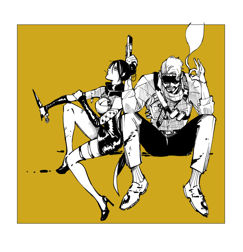 1boy 1girl absurdres apex_legends border breasts cleavage cleavage_cutout clothing_cutout dress goggles goggles_on_head gun hair_behind_ear handgun high_heels highres hillprime holding holding_gun holding_knife holding_weapon jacket knife kunai looking_down looking_up medium_breasts mirage_(apex_legends) monochrome pants pistol sitting smoking undercut weapon white_border wraith's_kunai wraith_(apex_legends) yellow_background