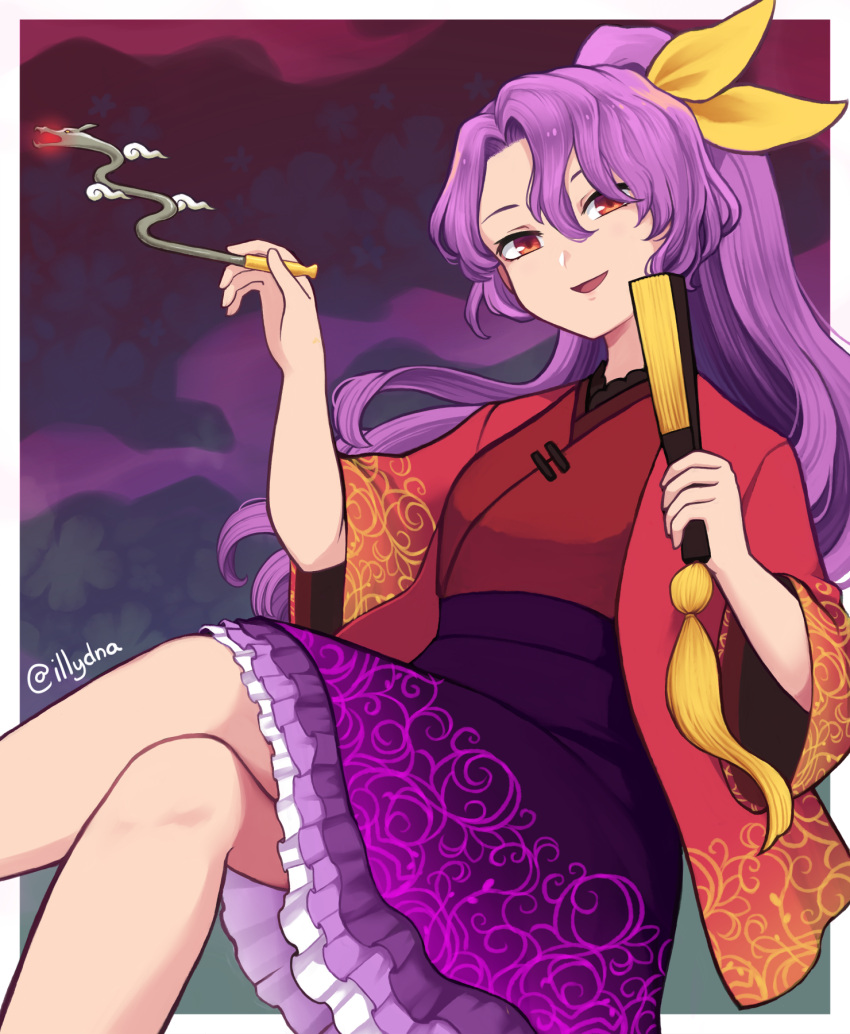 1girl closed_fan crossed_legs folding_fan frilled_skirt frills hand_fan highres holding holding_fan illynda japanese_clothes kimono kiseru komakusa_sannyo long_hair medium_skirt patterned_clothing pipe ponytail purple_hair purple_skirt red_eyes red_kimono ribbon skirt touhou twitter_username wide_sleeves yellow_ribbon