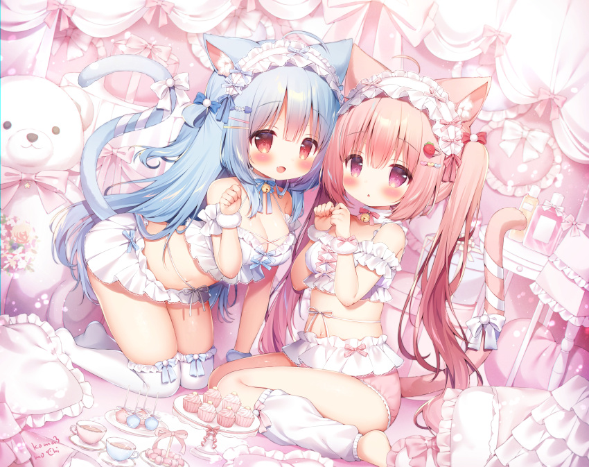 2girls ahoge animal_ear_fluff animal_ears arm_up arms_up barefoot bell blue_hair blush bow bra breasts cake cake_stand candy_apple cat_ears cat_girl cat_tail choker cleavage clenched_hand clenched_hands cup eyebrows_visible_through_hair face-to-face fang feet fish_hair_ornament food food-themed_hair_ornament gift hair_bow hair_ornament hairband hairclip highres jingle_bell kneeling leaning_forward leg_warmers lolita_hairband long_hair looking_at_viewer microskirt momozu_komamochi multiple_girls navel no_shoes open_mouth oppai_loli original panties paw_pose pillow pink_eyes pink_hair pink_panties plate red_eyes ribbon sauce sitting skirt smile strawberry_hair_ornament stuffed_animal stuffed_toy table tail tail_ornament tail_ribbon tea teacup teddy_bear thighhighs thighs twintails underwear underwear_only white_bra white_legwear white_skirt wrist_cuffs