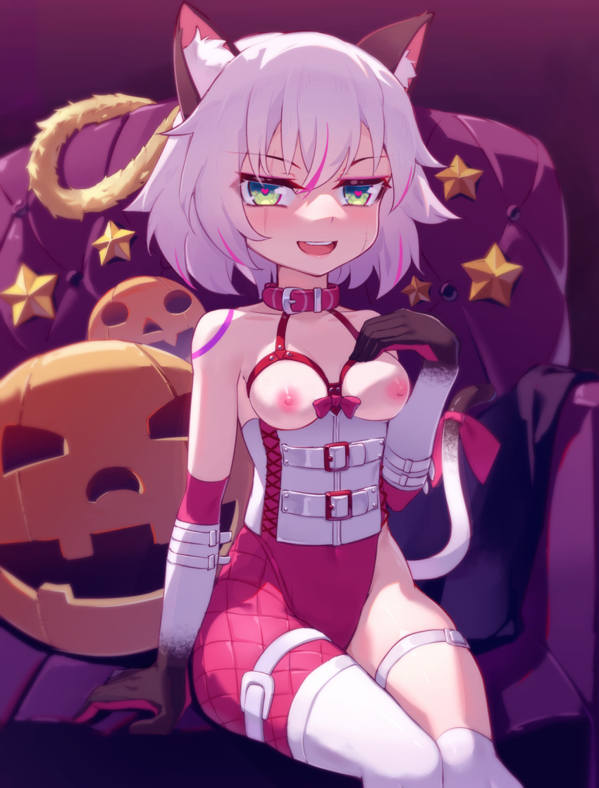 1girl animal_ear_fluff animal_ears animal_print asymmetrical_clothes bare_shoulders breasts breasts_outside cat_ears cat_print cat_tail collar collarbone corset elbow_gloves fate/apocrypha fate/grand_order fate_(series) gloves green_eyes hair_between_eyes halloween heart heart-shaped_pupils highres jack-o'-lantern jack_the_ripper_(fate/apocrypha) layered_gloves ling_huanxiang looking_at_viewer nipples pumpkin red_gloves red_legwear scar scar_across_eye scar_on_cheek scar_on_face short_hair single_pantsleg sitting small_breasts smile symbol-shaped_pupils tail white_gloves white_hair