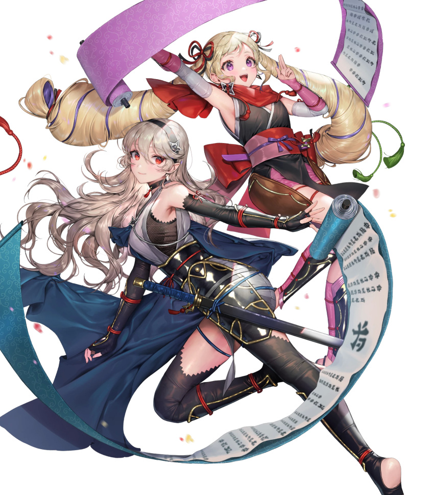 2girls alternate_costume arm_guards armor armpits bangs bare_shoulders black_gloves black_legwear blonde_hair blush bow bowtie breasts cape closed_mouth corrin_(fire_emblem) corrin_(fire_emblem)_(female) earrings elbow_gloves elise_(fire_emblem) fingerless_gloves fire_emblem fire_emblem_fates fire_emblem_heroes floating floating_object full_body gloves hair_ornament hairband highres japanese_clothes jewelry long_hair looking_away medium_breasts multiple_girls ninja obi official_art open_mouth pelvic_curtain pointy_ears purple_eyes red_eyes sandals sash scroll senchat shin_guards shiny shiny_clothes shiny_hair shiny_skin shuriken_earrings silver_hair sleeveless smile soles sword thighhighs tied_hair toeless_legwear transparent_background twintails weapon