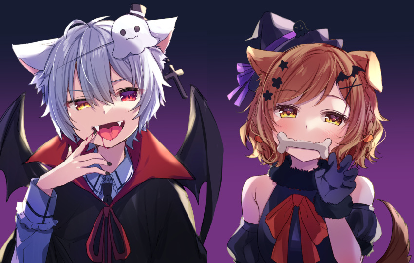 1boy 1girl animal_ears bat_hair_ornament bat_wings black_gloves black_headwear blood bone brown_hair cat_ears commentary cross cross_earrings dog_ears dog_tail earrings eyebrows_visible_through_hair fang fangs ghost_hair_ornament gloves gradient gradient_background hair_between_eyes hair_ornament halloween hat heterochromia highres jewelry kisukekun looking_at_viewer mouth_hold open_mouth original purple_background red_eyes short_hair single_earring skin_fangs smile tail upper_body white_hair wings witch_hat x_hair_ornament yellow_eyes