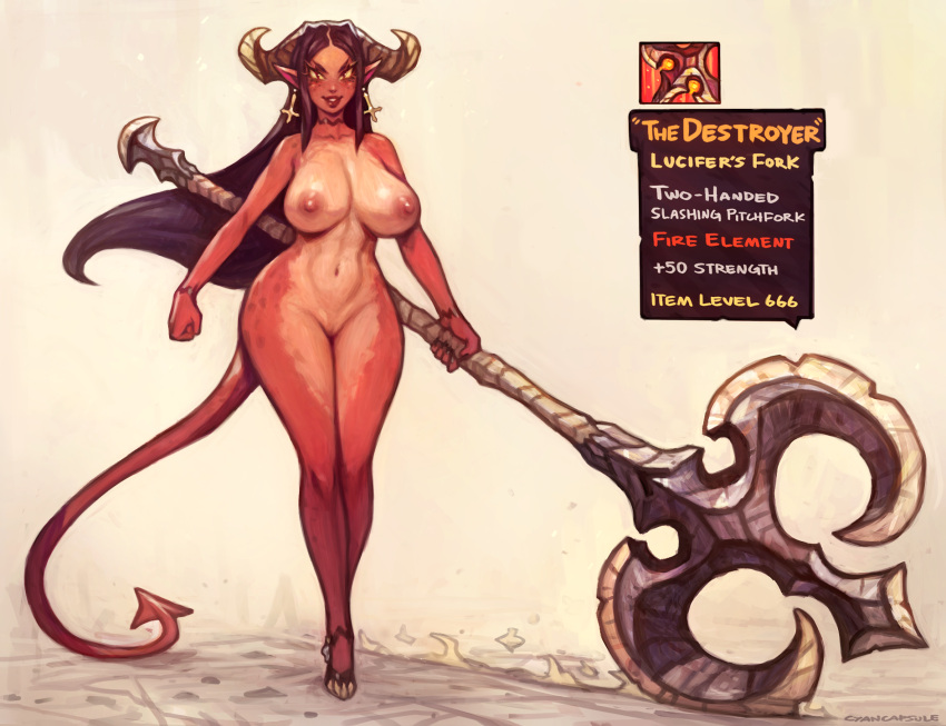 1girl bel_(cyancapsule) black_footwear black_hair body_freckles breasts colored_sclera colored_skin commentary completely_nude cross cross_earrings crossed_legs cyancapsule demon_girl demon_horns demon_tail earrings english_commentary floating_hair freckles gameplay_mechanics halberd high_heels highres holding holding_polearm holding_weapon horns huge_weapon inverted_cross jewelry large_breasts lipstick long_hair looking_at_viewer makeup navel nipples nude original pointy_ears polearm red_eyes red_skin signature slit_pupils smile solo tail walking watson_cross weapon wristband yellow_sclera