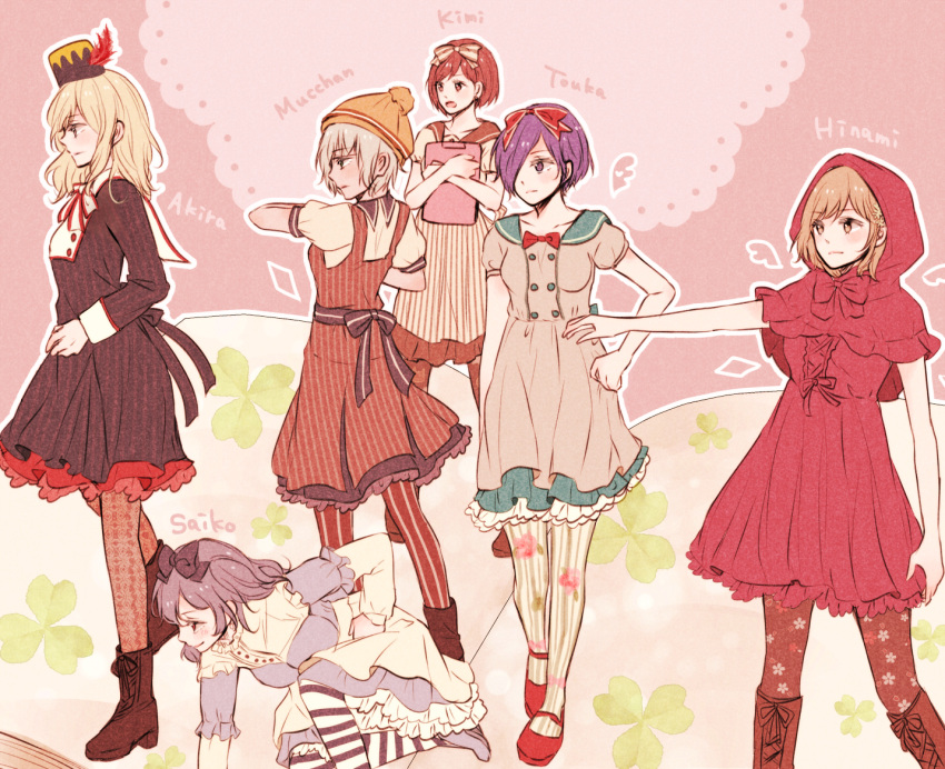 6+girls alternate_costume ankle_boots bangs black_bow black_dress blonde_hair boots bow bowtie breasts brown_footwear brown_legwear buttons capelet character_name cosplay_request double-breasted dress eyebrows_visible_through_hair feet_out_of_frame floral_print frills fueguchi_hinami hair_bow hair_over_one_eye hood hood_up hooded_capelet kirishima_touka long_hair long_sleeves mado_akira medium_breasts multiple_girls mutsuki_tooru nishino_kimi one_knee pantyhose petticoat pink_background pink_hair puffy_short_sleeves puffy_sleeves purple_hair red_bow red_bowtie red_capelet red_dress red_sailor_collar sailor_collar short_hair short_sleeves striped striped_legwear tokyo_ghoul tokyo_ghoul:re toukaairab yonebayashi_saiko