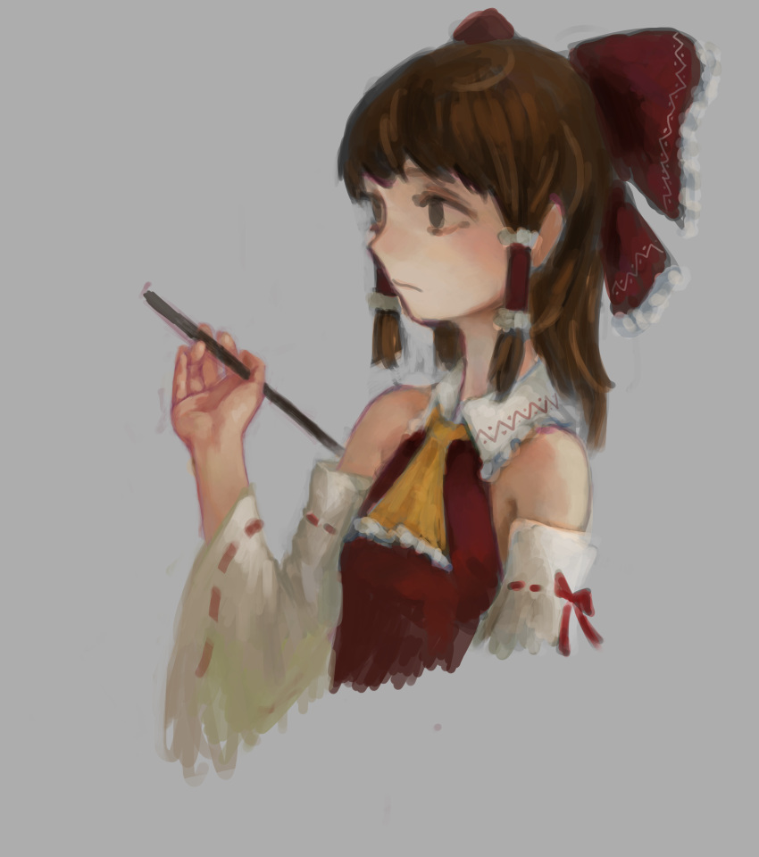 1girl ascot bangs bare_shoulders bow brown_eyes brown_hair clip_studio_paint_(medium) commentary cropped_torso detached_sleeves english_commentary expressionless frilled_ascot frilled_bow frilled_shirt_collar frills gohei grey_background hair_bow hair_tubes hakurei_reimu hand_up highres holding holding_stick long_sleeves looking_away looking_to_the_side medium_hair orange_ascot profile red_bow red_ribbon red_vest ribbon ribbon-trimmed_sleeves ribbon_trim sidelocks simple_background solo stick touhou treeware upper_body vest white_sleeves wide_sleeves