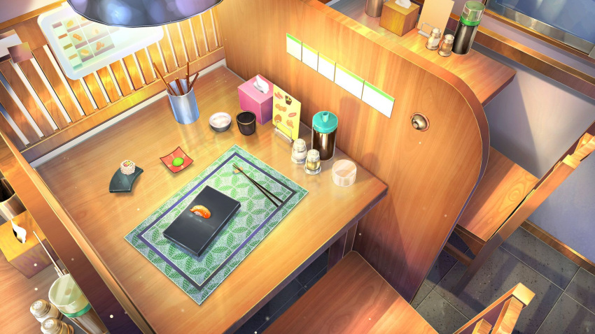 chair chinese_commentary chopsticks commentary_request cup food highres lamp light menu_board monitor no_humans original pepper_shaker plate salmon salt_shaker scenery soy_sauce sushi table tissue tissue_box wasabi window xingzhi_lv
