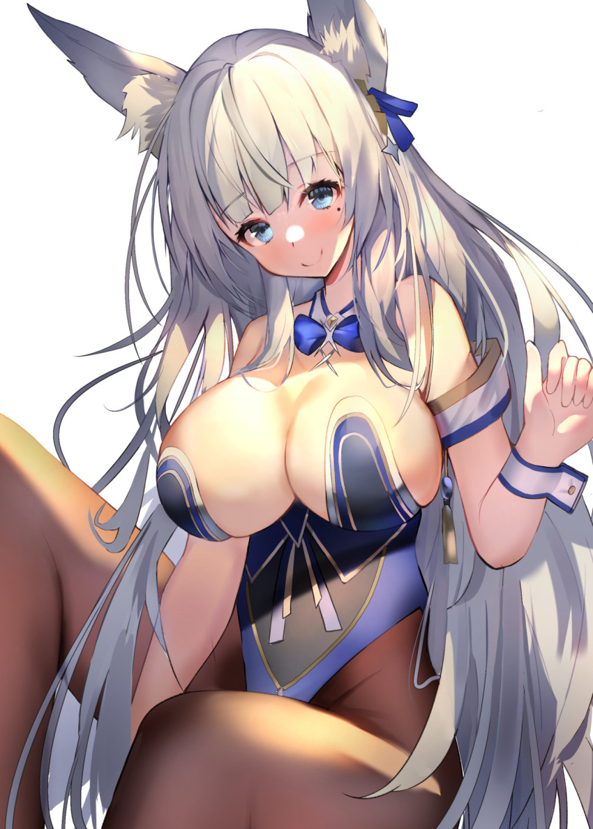 1girl aa44 animal_ear_fluff animal_ears azur_lane black_bow black_bowtie blue_collar blue_leotard bow bowtie breasts cleavage collar covered_navel detached_collar fox_ears fox_girl highleg highleg_leotard highres kitsune kyuubi large_breasts large_tail leotard looking_at_viewer mole mole_under_eye multiple_tails pantyhose playboy_bunny shinano_(azur_lane) smile solo strapless strapless_leotard tail white_tail wrist_cuffs