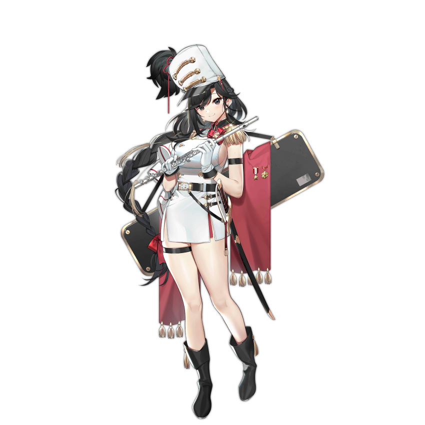 1girl bahao_diqiu bangs belt black_belt black_eyes black_footwear black_hair blush boots bow braid breasts case closed_mouth collar dress earrings flute full_body general_liu_(girls'_frontline) girls'_frontline gloves hair_bow hat highres holding holding_instrument instrument jewelry large_breasts long_hair looking_at_viewer mole mole_under_eye official_alternate_costume official_art red_bow saber_(weapon) sheath sheathed short_dress smile solo sparkle standing sword thigh_strap transparent_background uniform very_long_hair weapon white_dress white_gloves white_headwear
