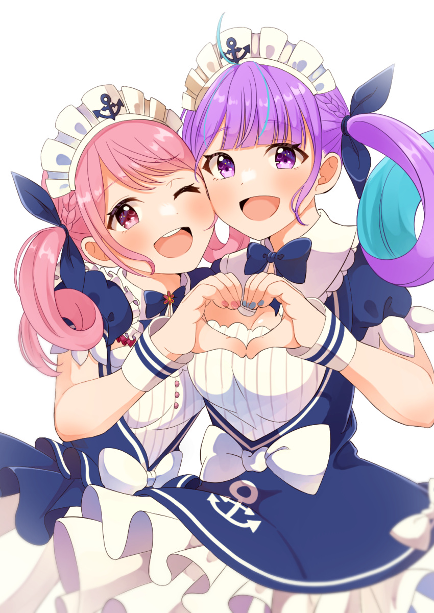 2girls :d ;d ahoge alternate_costume anchor_symbol bang_dream! bangs blue_bow blue_bowtie blue_dress blue_nails blue_ribbon blunt_bangs bow bowtie breasts cheek-to-cheek cheek_press cowboy_shot crossover dress dress_bow elu_pom frilled_dress frills hair_ribbon heads_together heart heart_hands heart_hands_duo highres hololive long_sleeves looking_at_viewer maid maid_headdress maruyama_aya medium_breasts minato_aqua multicolored_hair multiple_girls nail_polish official_alternate_costume one_eye_closed open_mouth pink_eyes pink_hair pink_nails puffy_short_sleeves puffy_sleeves purple_eyes purple_hair ribbon short_sleeves sidelocks simple_background smile standing streaked_hair swept_bangs teeth twintails two-tone_hair upper_teeth virtual_youtuber waitress white_background white_bow wrist_cuffs