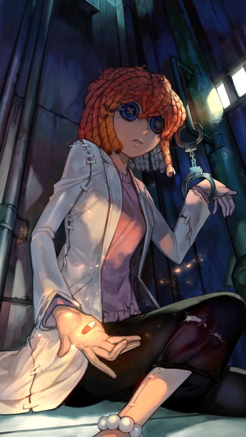 1girl absurdres black_pants button_eyes cuffed cuffs hairlocs handcuffs highres holding_pill hungry_clicker identity_v labcoat long_sleeves looking_at_viewer meitantei_conan miyano_shiho orange_hair pants parted_lips pill pink_shirt shirt sitting solo