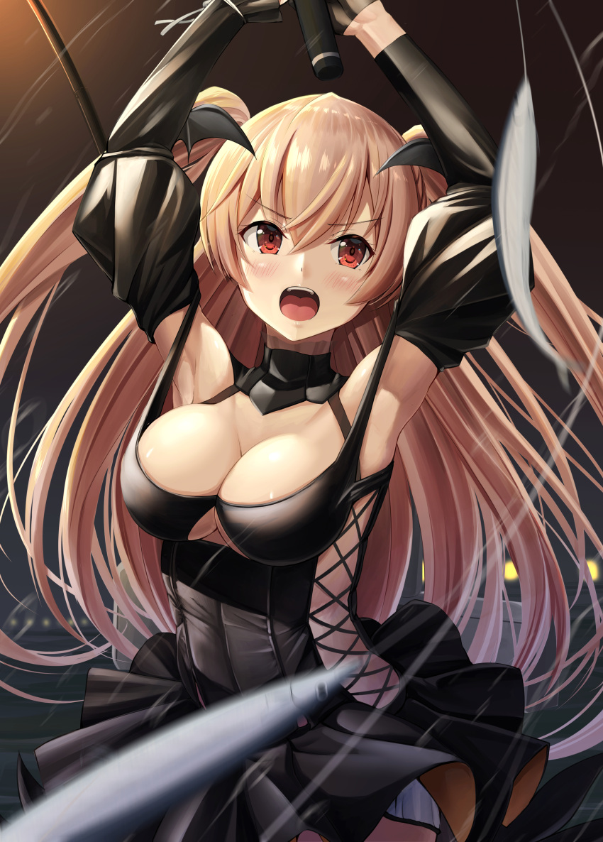 1girl absurdres armpits arms_up bangs bare_shoulders black_dress black_gloves blush braid breasts cleavage cowboy_shot detached_sleeves dress eyebrows_visible_through_hair fish fishing_rod gloves hair_between_eyes halloween halloween_costume highres holding holding_fishing_rod horns ichikawa_feesu johnston_(kancolle) kantai_collection large_breasts light_brown_hair long_hair looking_at_viewer official_alternate_costume open_mouth red_eyes saury single_braid solo two_side_up