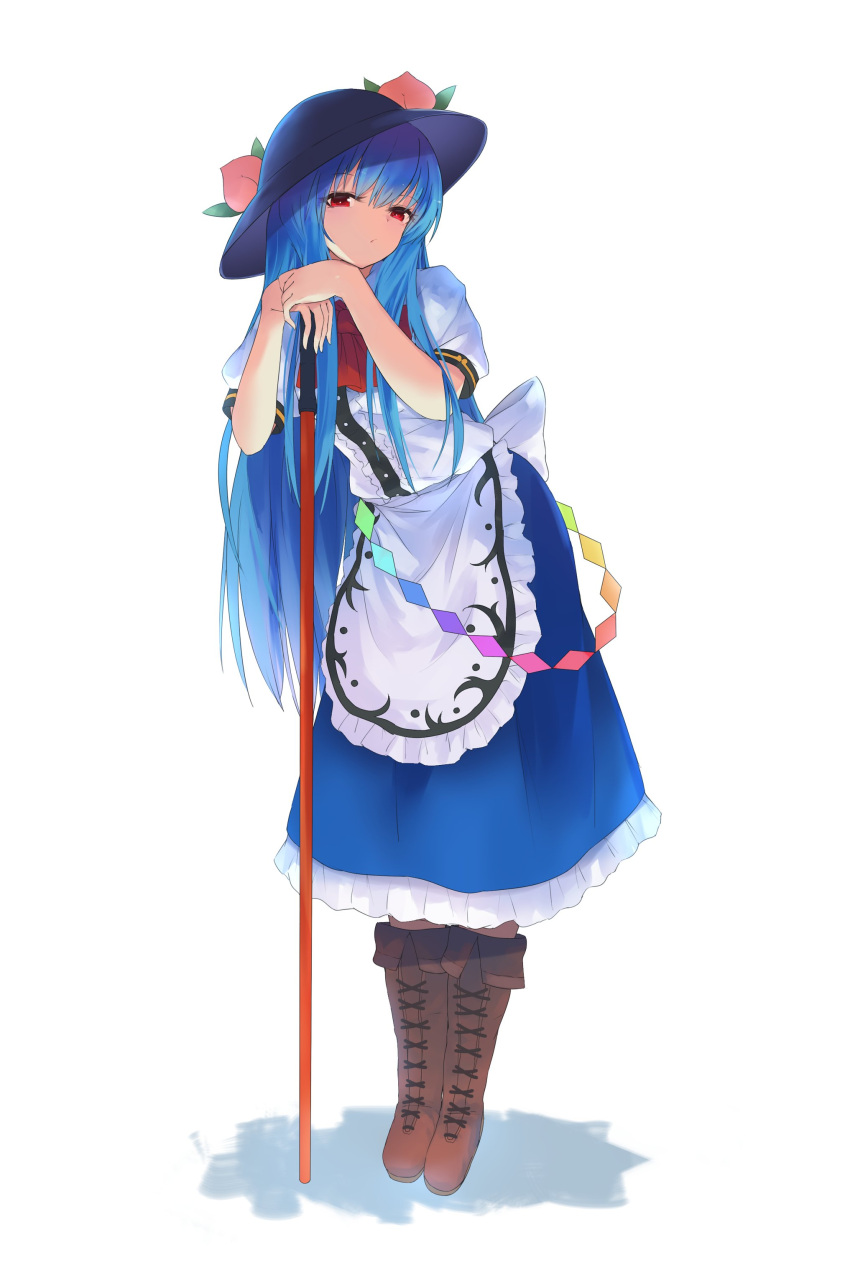 1girl :/ absurdres back_bow bent_over black_headwear blue_hair boots bow breasts brown_footwear buttons center_frills collared_shirt commentary cross-laced_footwear dress eyebrows_visible_through_hair fen_zuo frilled_dress frills fruit_hat_ornament full_body highres hinanawi_tenshi long_hair looking_at_viewer medium_breasts peach_hat_ornament planted planted_sword puffy_short_sleeves puffy_sleeves rainbow_order red_eyes red_neckwear red_ribbon ribbon shadow shirt short_sleeves solo standing sword sword_of_hisou touhou weapon white_bow wing_collar