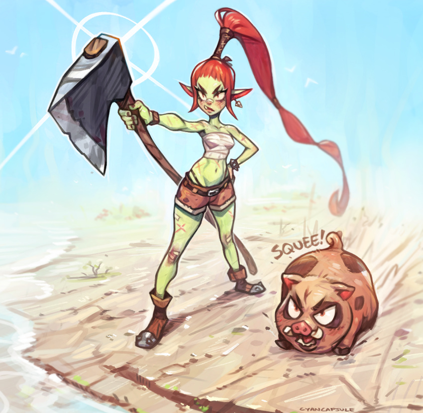 1girl axe blush boar boots brown_footwear brown_shorts closed_mouth colored_skin commentary cyancapsule earrings english_commentary female_goblin freckle_(cyancapsule) goblin green_skin hand_on_hip high_ponytail highres holding jewelry long_hair midriff navel original red_eyes red_hair sanpaku sarashi short_shorts shorts slit_pupils solo standing tooth_earrings tusks very_long_hair