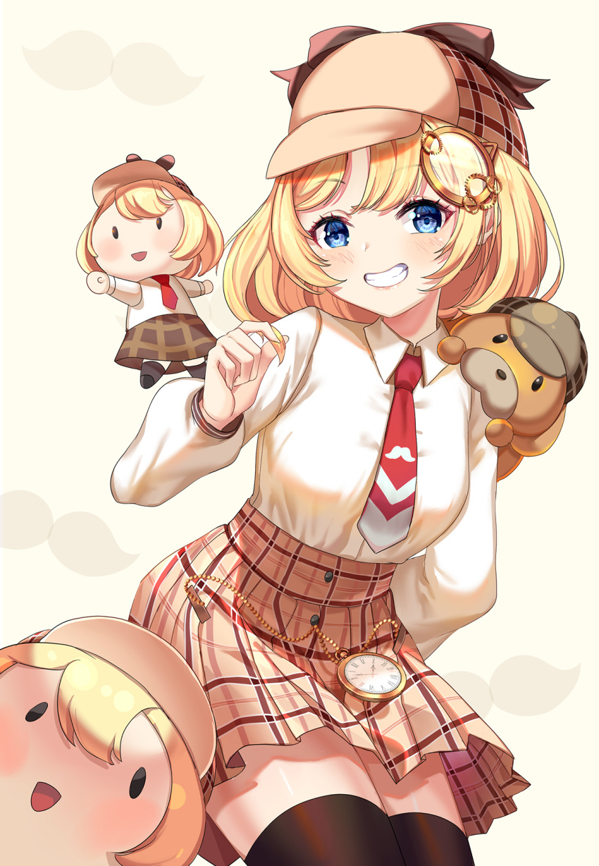 1girl animal bangs blonde_hair blue_eyes brown_headwear brown_skirt bubba_(watson_amelia) chibi deerstalker detective dog doll grin hair_ornament hanh_chu_(r_a) hat highres hololive hololive_english kotori_photobomb long_sleeves looking_at_viewer monocle_hair_ornament necktie open_mouth pocket_watch polo_shirt red_necktie shirt short_hair skirt smile smol_ame solo teeth virtual_youtuber watch watson_amelia white_shirt yellow_background