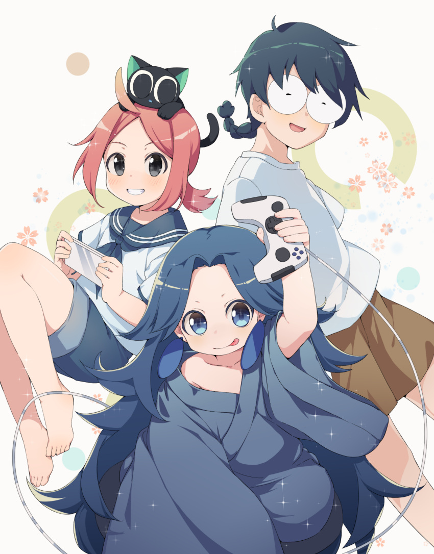 1girl 3boys a'gen_(the_legend_of_luoxiaohei) absurdres animal_on_head barefoot black_cat black_eyes blue_eyes blue_robe blue_sailor_collar blue_shorts blush braid braided_ponytail brown_shorts cat cat_on_head controller earrings game_controller highres jewelry laojun_(the_legend_of_luoxiaohei) long_sleeves luoxiaobai luoxiaohei multiple_boys nixihuanxiaokeaima on_head oversized_clothes parted_lips round_eyewear sailor_collar short_sleeves shorts smile the_legend_of_luo_xiaohei tongue tongue_out wide_sleeves