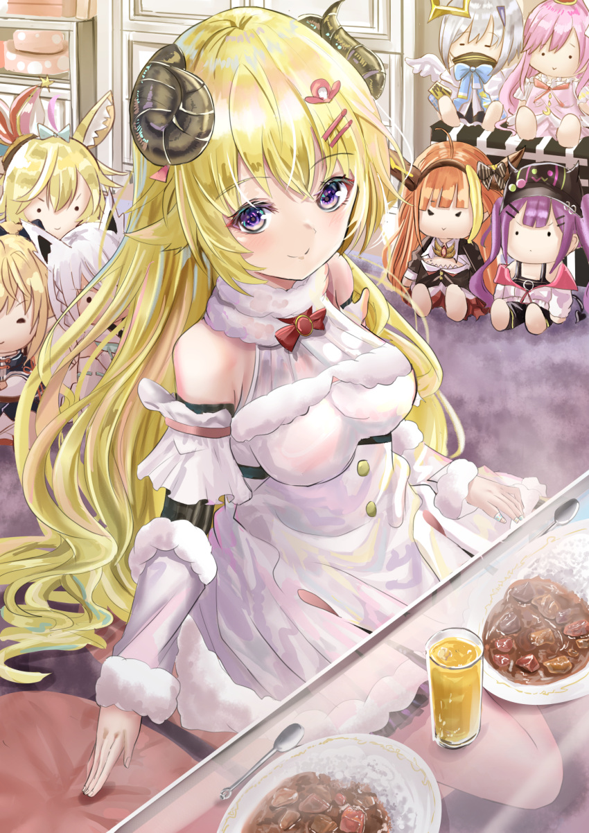 6+girls ahoge amane_kanata animal_ear_fluff animal_ears bare_shoulders bibi_(tokoyami_towa) blonde_hair blush collared_dress commentary_request curry curry_rice detached_sleeves doll dragon_horns dress eyebrows_visible_through_hair food fox_ears glass glass_table hair_between_eyes hair_ornament hairclip halo hat highres himemori_luna hololive horns indoors kiryu_coco looking_at_viewer multiple_girls omaru_polka orange_hair peaked_cap pink_hair plate purple_eyes purple_hair rice sheep_girl sheep_horns shigiroid shirakami_fubuki shiranui_flare silver_hair sitting smile spoon table tokoyami_towa tsunomaki_watame virtual_youtuber white_dress white_hair yokozuwari