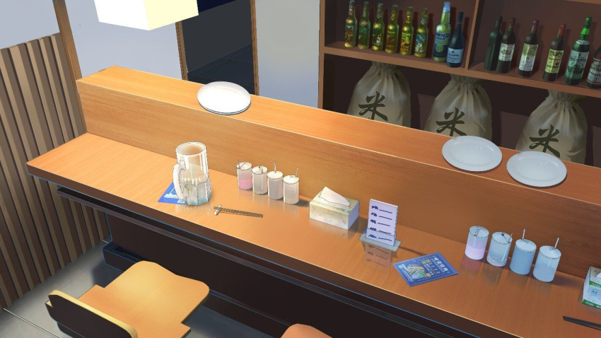 alcohol bag bar beer_mug bottle chair chinese_commentary chopsticks commentary_request condiment cup lamp light liquor menu mug no_humans original plate scenery tissue tissue_box wine xingzhi_lv