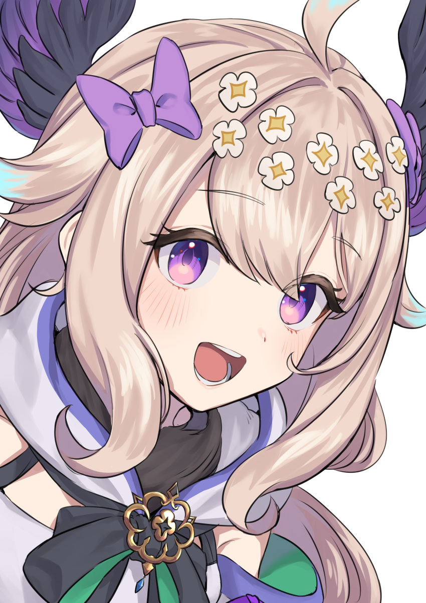 1girl absurdres bangs black_bow blonde_hair blush bow enna_alouette eyebrows_visible_through_hair flower g9_(jiiku) hair_bow hair_flower hair_ornament head_wings highres hood hood_down hoodie long_hair looking_at_viewer nijisanji nijisanji_en open_mouth portrait purple_bow purple_eyes simple_background smile solo virtual_youtuber white_background white_flower white_hoodie