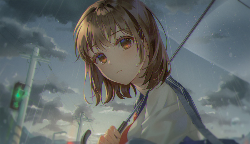 1girl bangs blue_sailor_collar brown_eyes brown_hair carrying_bag close-up closed_mouth commentary_request connie_(keean2019) eyebrows_visible_through_hair from_side highres holding holding_umbrella looking_at_viewer looking_to_the_side neckerchief original outdoors over_shoulder rain red_neckerchief revision sailor_collar scenery school_uniform serafuku shirt short_hair traffic_light transparent transparent_umbrella umbrella uniform white_shirt