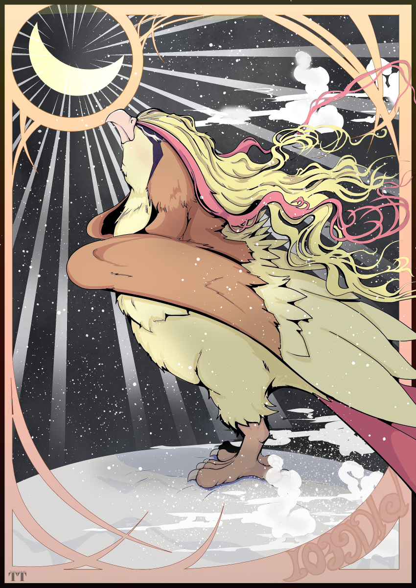 absurdres beak bird closed_eyes closed_mouth commentary_request from_side head_back highres no_humans pidgeot pokemon pokemon_(creature) solo standing t0k0d18 talons