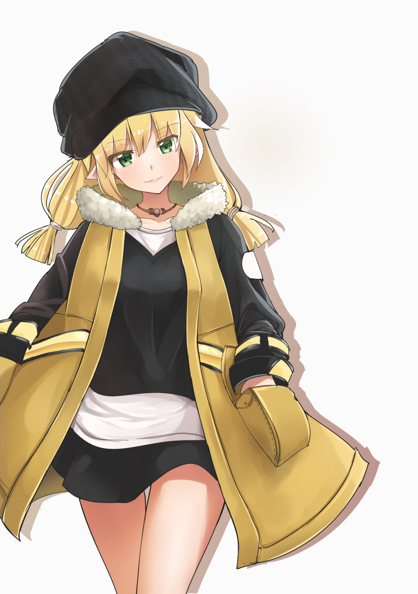 1girl absurdres am1m black_dress black_headwear blonde_hair coat dress green_eyes hands_in_pockets hat highres jewelry long_hair looking_at_viewer mabinogi necklace open_clothes open_coat original pointy_ears sash simple_background smile solo thigh_gap white_background white_sash yellow_coat