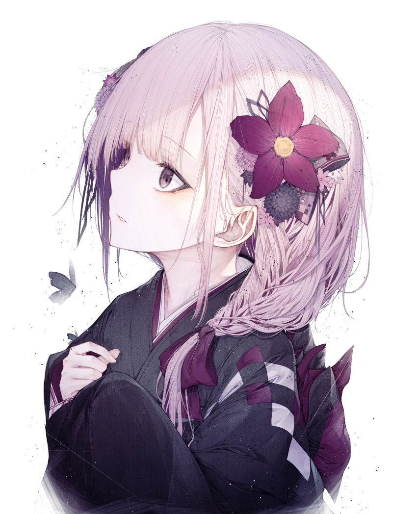 1girl absurdres bangs black_butterfly black_kimono blunt_bangs bug butterfly commentary_request eyebrows_visible_through_hair flower hair_flower hair_ornament hair_ribbon highres hito_komoru japanese_clothes kimono long_hair long_sleeves looking_away original parted_lips pink_hair purple_eyes red_flower ribbon simple_background solo upper_body white_background