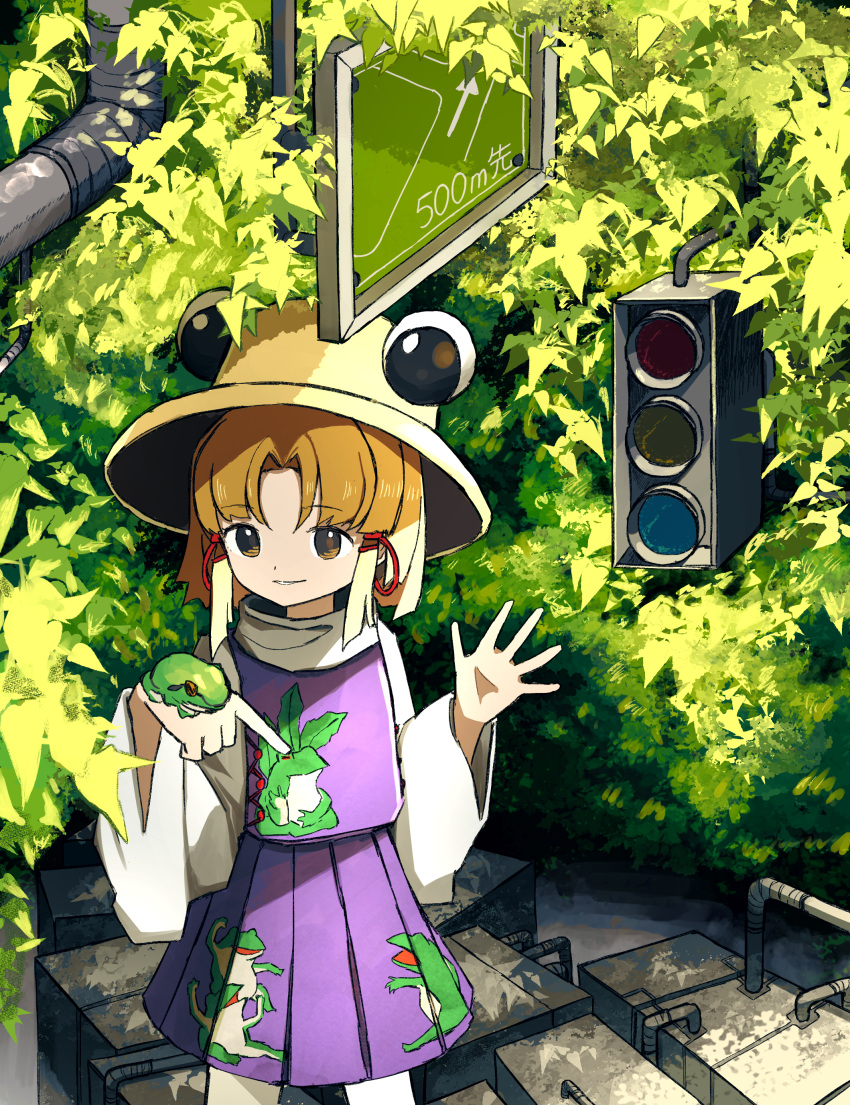 1girl absurdres alternate_universe animal animal_print bangs blonde_hair brown_headwear bush commentary_request cowboy_shot day dot_nose eyebrows_visible_through_hair frog frog_print hair_ribbon hands_up hat highres holding holding_animal leaf long_sleeves looking_at_viewer medium_hair moriya_suwako neruzou outdoors parted_bangs pipes pleated_skirt purple_skirt purple_vest red_ribbon ribbon road_sign shirt sidelocks sign skirt skirt_set smile solo touhou traffic_light tress_ribbon vest waving white_shirt wide_sleeves yellow_eyes