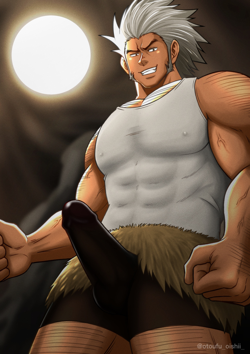 1boy arm_hair bara bike_shorts black_shorts bulge covered_abs covered_nipples erection erection_under_clothes feet_out_of_frame from_below grey_hair grin highres hunter_x_hunter large_pectorals leg_hair light long_sideburns male_focus muscular muscular_male pectoral_cleavage pectorals pinko4444 short_hair shorts sideburns smile solo uvogin