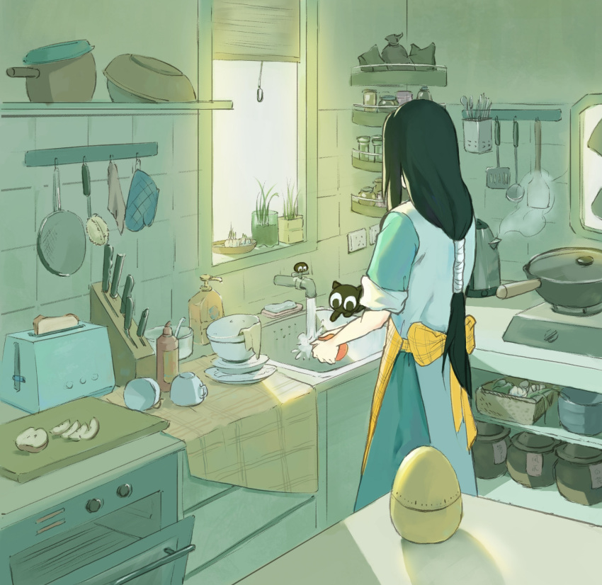 2boys apple_slice apron black_hair bread facing_away food from_behind hakulamatata760 highres indoors kitchen knife long_hair low-tied_long_hair luoxiaohei multiple_boys oven oven_mitts plant shadow shelf sink spatula the_legend_of_luo_xiaohei toaster window wuxian_(the_legend_of_luoxiaohei) yellow_apron