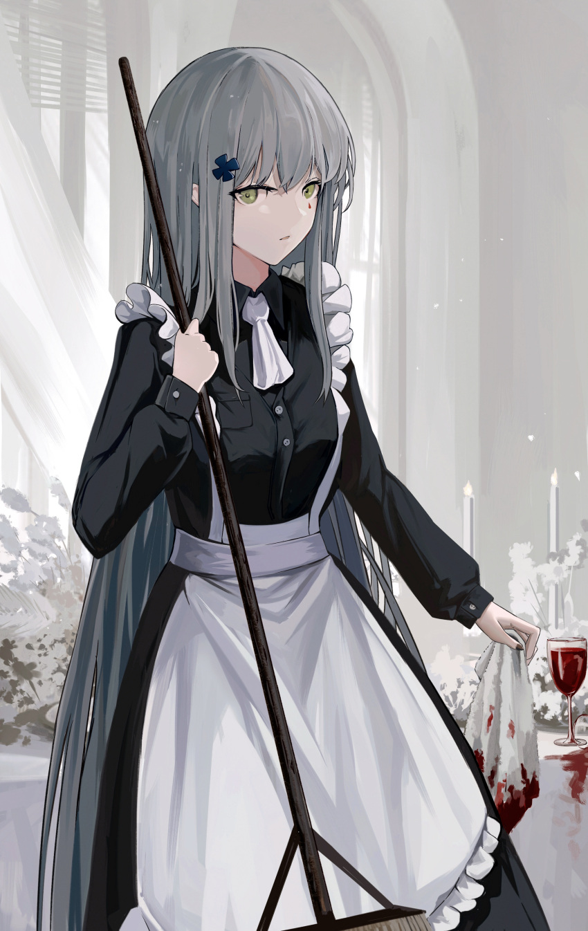 1girl absurdres alternate_costume amamizu_shizuku apron bangs blue_hair closed_mouth commentary_request crossed_bangs cup drinking_glass enmaided eyebrows_visible_through_hair feet_out_of_frame girls'_frontline glass green_eyes highres hk416_(girls'_frontline) holding holding_mop long_hair looking_at_viewer maid maid_apron mop revision simple_background solo standing table teardrop_facial_mark teardrop_tattoo very_long_hair wine_glass
