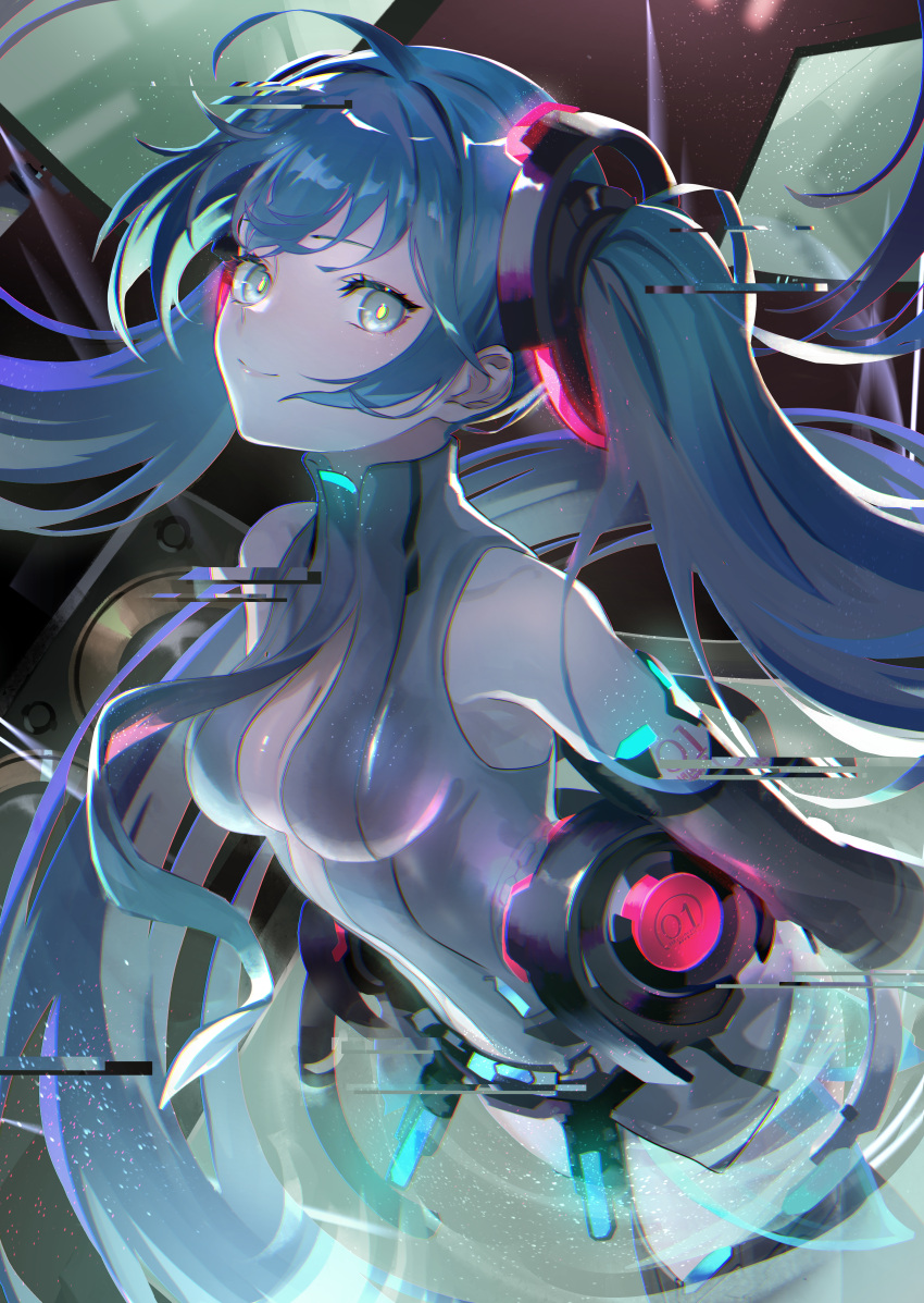 1girl absurdres asagon007 bangs bare_shoulders blue_hair closed_mouth commentary dark glitch green_eyes hair_ornament hatsune_miku hatsune_miku_(append) highres hip_gear leotard lips long_hair looking_at_viewer number_tattoo shirt sleeveless sleeveless_shirt smile solo tattoo twintails upper_body very_long_hair vocaloid vocaloid_append