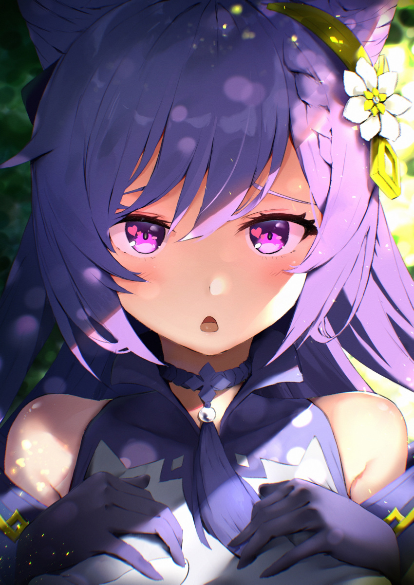 1girl absurdres bare_shoulders blush braid commentary_request double_bun genshin_impact gloves hair_bun hair_ornament hairclip hands_on_own_chest heart heart-shaped_pupils highres honehone_(xsnk8483) keqing_(genshin_impact) looking_at_viewer open_mouth purple_eyes purple_hair solo sparkling_eyes symbol-shaped_pupils twintails