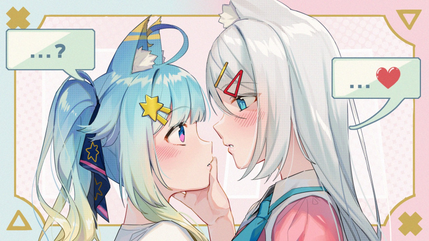 ...? 2girls ? ahoge animal_ear_fluff animal_ears bangs blue_eyes blue_hair blunt_bangs blush cat_ears collared_shirt eye_contact eyebrows_visible_through_hair gradient_hair hair_ornament hairclip hand_on_another's_face heart highres ihachisu indie_virtual_youtuber lanmewko long_hair looking_at_another mizuki_(vtuber) multicolored_hair multiple_girls pink_shirt purple_eyes shirt silver_hair star_(symbol) star_hair_ornament yuri