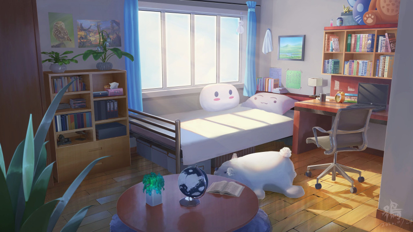 alarm_clock artist_name bed bed_sheet bedroom book chair chinese_commentary clock commentary_request computer cup curtains dated day doll file flower_pot globe highres laptop no_humans original painting_(object) pillow plant poster_(object) scenery shade shelf sky sunlight table teruterubouzu tissue tissue_box window wooden_floor xingzhi_lv