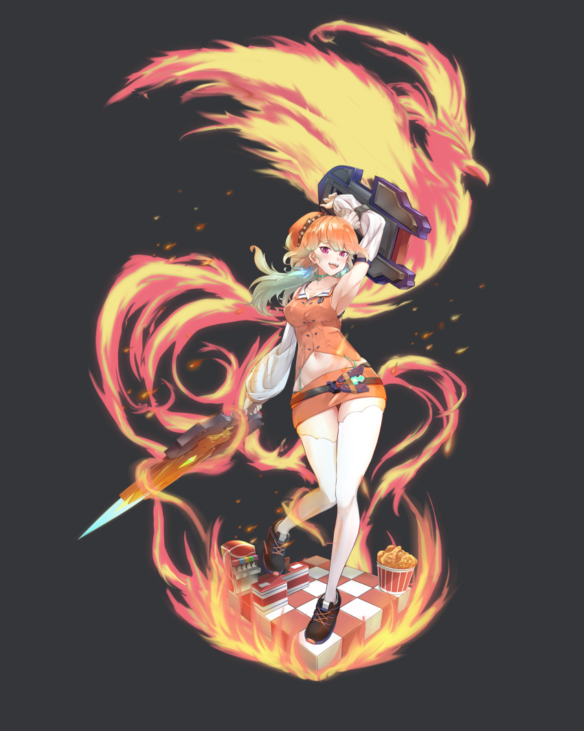 1girl bird black_background breasts fire fried_chicken full_body highres holding holding_weapon hololive hololive_english hoshiyoru_yuzu kfp large_breasts long_hair looking_at_viewer miniskirt multicolored_hair phoenix red_eyes shield simple_background skirt solo sword takanashi_kiara thighhighs two-tone_hair virtual_youtuber weapon white_legwear zettai_ryouiki