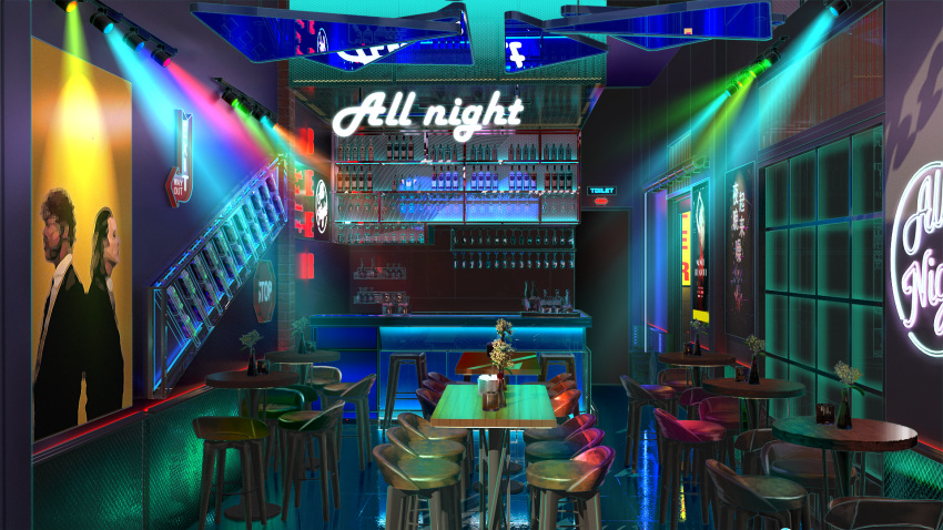 alcohol bar bottle chair chinese_commentary commentary_request english_text flower flower_pot glass highres light neon_lights no_humans original plant poster_(object) pulp_fiction scenery shelf sign spotlight table toilet xingzhi_lv